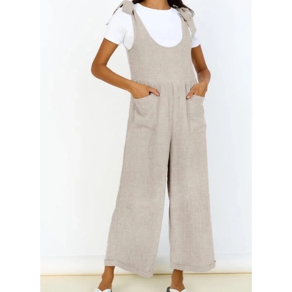 ZESICA Women's Summer Loose Sleeveless Jumpsuits Linen Adjustable Straps Oversiz